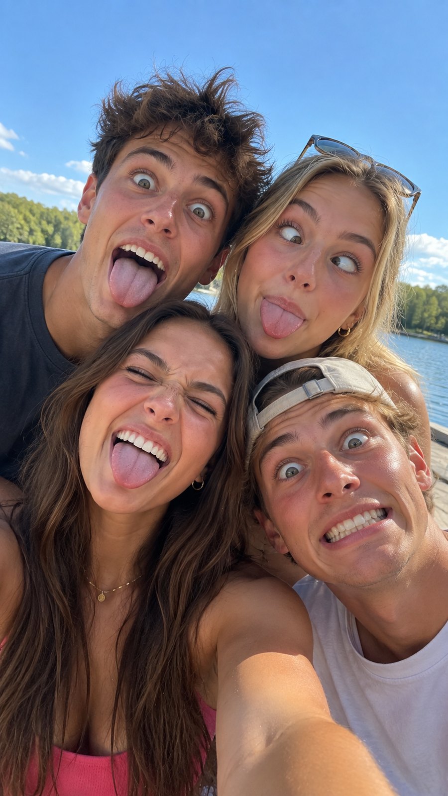 A group of friends pulling faces in a selfie, sent as a Hi-Jack